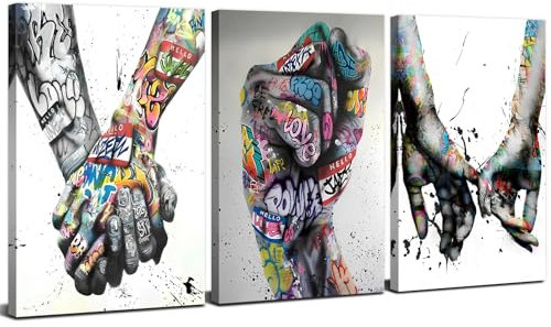 3 Panels Banksy Canvas Wall Art for Hallway and Stairs Abstract Graffiti Wall Decor Classic Street Art Romantic Love Hands Paintings for Living Room Decorations 12x16 Nordic Minimalist Prints Artwork
