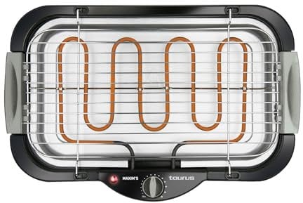 Taurus - Barbecue Électrique Maxim's | 2400W | Surface 41x24 cm | Thermostat Réglable | Bac à Eau Anti-Fumée | Utilisation Intérieure et Extérieure | Chaleur Uniforme, Gris, Noir