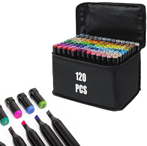 120 Farben Alcohol Marker Set, Marker Stifte Set für Manga/Design/Schule mit, Schnell Trocknende Alkohol Marker Set, Doppelseitige Marker Stifte, Filzstifte, Zeichnung, Ausmalen mit Tragetasche