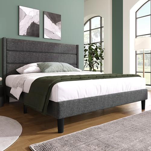 BXEYXE Polsterbett 140 x 200 cm, Bettgestell mit Lattenrost & Kopfteil, gepolstertes Doppelbett, Textilbezug Leinen in Dunkelgrau, Zeitloses modernes Design, Jugendbett