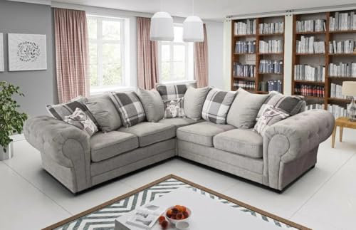 Easy4You Chesterfield Baron Grau Ecksofa 5 Sitzer Sofa Sofas für Wohnzimmer Sofagarnituren Chesterfield mit Streukissen-Kissen Dunkelgrau