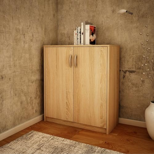 Home Collective Kommode 74cm breit in Matter Ausführung mit 2 Türen und 1 Regal Schrank mit hochwertigen Polymergriffen für Schlafzimmer Wohnzimmer Flur Hergestellt aus laminiertem Holz Sonoma