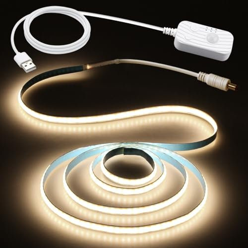 Aclorol 1M 5V Motion Sensor COB LED Strip Light USB Powered COB LED Tape Dimmable Movement Activated Auto ON/Off Light Indoor Under Bed Lights for Stairs Closet Mirror DIY Lighting Neutral White 4000K