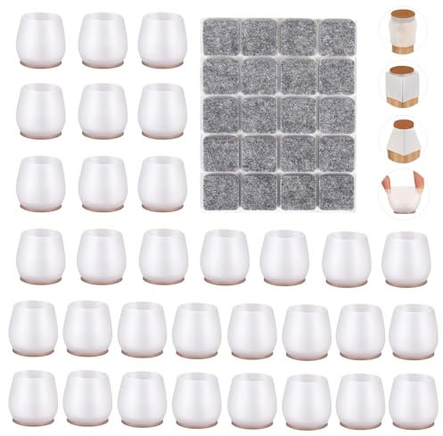 Schutzkappen für Stuhlbeine 32 Stuhlbeinkappen Stuhlbeinschoner Rund + 20PCS Filz für Stühle Stuhl Stuhlfuss Kappen Caps Stuhlschoner Gummifüße Stühle Stuhlgleiter Tischbeine L 30-45MM Transparent