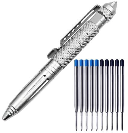 Regerly Tactical Pen, 1 Stück Taktischer Kugelschreiber Multifunktional Aluminium mit Glasbrecher und Selbstverteidigungs mit 5 blau 5 schwarze Nachfüllungen für Tactical Defense