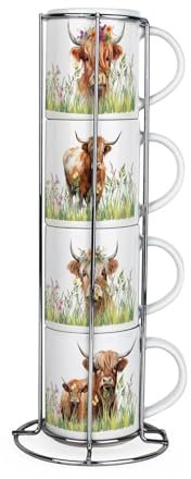 Purely Home Highland Cow Stacking Mugs Set - Countryside Farm Animal Gifts - Set of 4 Ceramic Mugs Gift Set with Metal Stand