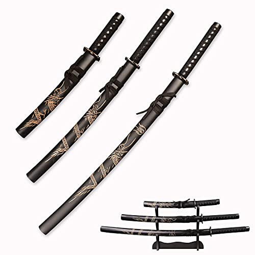 HIMMEL STORE Sword 3er-Set Japanisches Samurai-Schwert mit Display-Ständer, Iaido Katana graviert mit Drachenmuster auf der Scheide