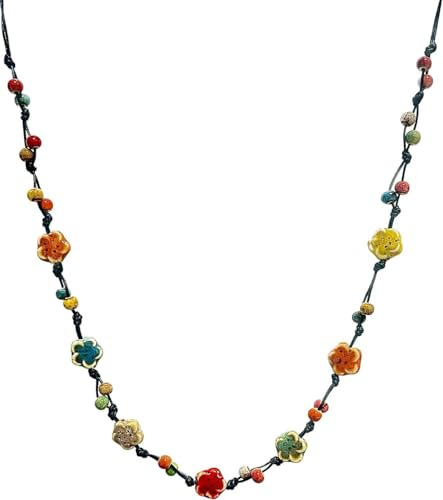 Bohemian Colorful Hippie Long Strand Necklace for Women Dressy Beach Summer Ceramic Flowers Beaded Necklaces Statement Jewelry Rope Knot Vintage Native American Fashion Trendy Holiday Boho Accessory