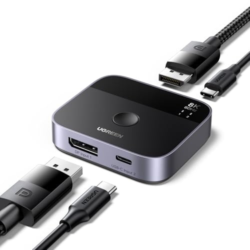 UGREEN Switch DisplayPort USB C 8K60Hz 2 Entradas 1 Salida DP 1.4 | Conmutador USB C DisplayPort Soporta 3D HDR10+ HDCP2.3 Alta Resolución Compatible con PC PS5 4 Xbox One X Series, Steam Deck