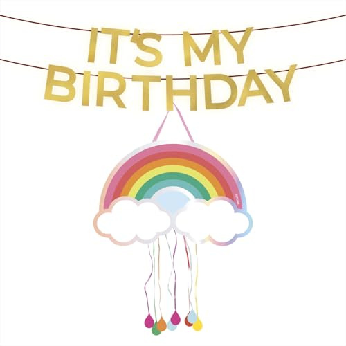 OH YEAH Pinata zum Kindergeburtstag, Regenbogen, mit Girlande, große Geburtstags-Piñata, Dekoration für Kinderpartys, Geburtstagsgirlande, Regenbogen-Piñata, 46 x 31 cm, einfache Montage