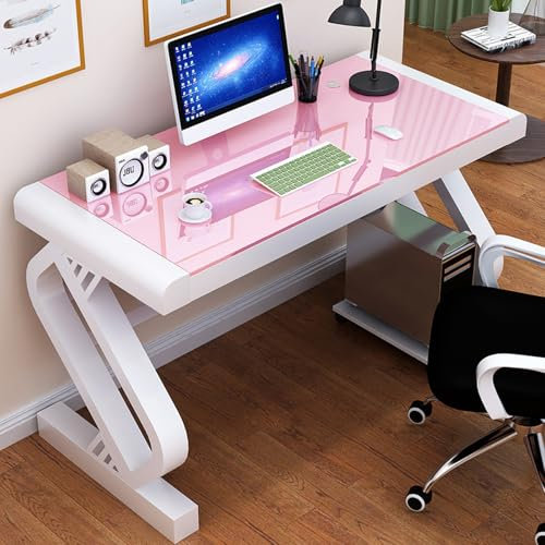 Genérico Escritorio Gaming Moderno, estación de Trabajo para PC de 99 cm con Vidrio Templado y Marco de Metal. Elegante Escritorio Rosa y Blanco para Oficina en casa, Ideal para Gamers y usuarios de