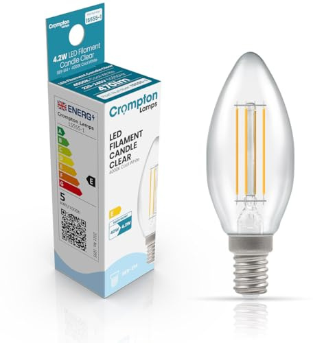 Crompton Lamps Filament Candle LED Light Bulb SES-E14 | 4.2W = 40W Equivalent | Cool White 4000K | Energy Efficient | Small Screw Lightbulb | Long Life 15000-Hrs | Clear Glass | Dimmable