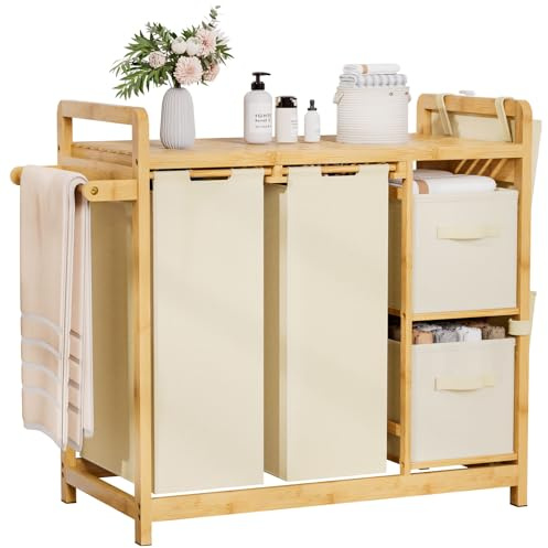 Yorbay Wäschekorb 3 Fächer Bambus: 140 L Wäschesammler mit Ablage Handtuchhalter & kleine seitliche Taschen - Wäschesortierer für Bad Schlafzimmer und Waschküche 87 x 41 x 77 CM Beige