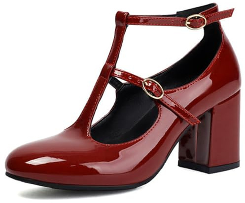 Eestfy Scarpe Mary Jane da Donna Punta Rotonda con Cinturino A T E Doppia Fibbia Tacco Grosso A Blocco per Ufficio Festa E Matrimonio Vestito Eleganti in Pelle Verniciata,Rosso,43 EU