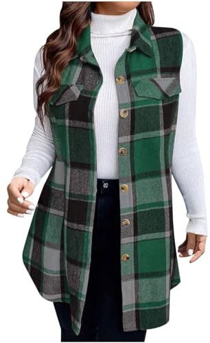 GMQWRK Flanell-Shacket für Damen, UK-Reverskragen, kariert, Hemdjacke, Herbst, Frühling, leicht, lässig, Button-Down, ärmellos, Weste, Karomuster, Oberbekleidung, S-5XL, keine Tasche