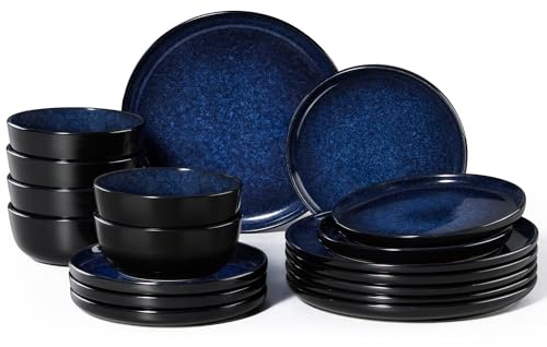 HaWare Geschirrset 6 Personen, 18-tlg Steingut Geschirr Teller Set Reaktive Glasur Tafelservice Set mit Speiseteller Dessertteller und Müslischüsseln, Mikrowellen- und Spülmaschinenfest, Edelblau