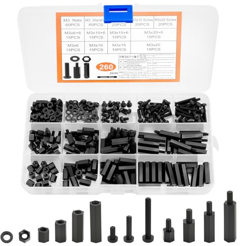 260 Stk M3 Schrauben Set,Nylon Schrauben Muttern Set,PCB Board Standoffs Abstandshalter Nylon Distanzhülsen,Kunststoffschrauben für Platinen Mainboard Männlich Weiblich Sechskantschrauben (Schwarz)