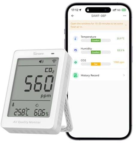SONOFF AirGuard CO2, Smart Indoor Air Quality Monitor, Matter Compatible, 2.4GHz WiFi, Carbon Dioxide Detector for CO2/Temp/Humidity, Real-Time Display & Alarm, for Bedroom, Nusery room