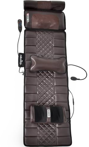 nikcorp – Tappetino massaggiante per tutto il corpo con funzione riscaldante – Massaggiatore dorsale in similpelle, massaggio plantare con telecomando per divano, poltrona, Marrone, 170x50 cm