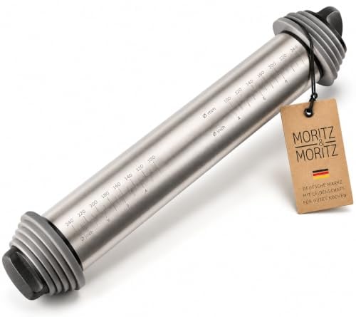 Moritz & Moritz Teigroller Edelstahl verstellbar mit 4 Abstandsringen | Nudelholz und Fondantrolle in einem, Teigdicke 2, 3, 6 oder 10 mm, 33 cm Rollenlänge, Antihaftfläche, nur Handwäsche