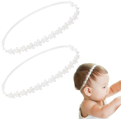 MIRKUZI Babyschmuck, 2-teiliges Baby-Stirnband, Kinder-Stirnband, Haaraccessoire mit Perlenblume für Neugeborene, Geschenk zur Geburt (Weiß)