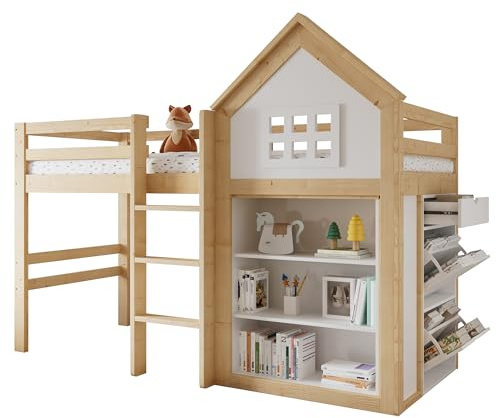 SOFTWEARY Hochbett mit Bücherregal, Schublade, Leiter, Lattenrost und Rausfallschutz, 90x200cm, Schrank mit 2 Klappen, Kinderbett, Kiefer