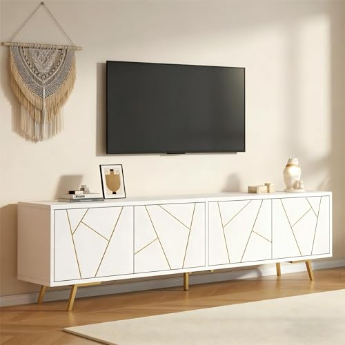 FammyLoft TV Schrank bis 85 Zoll mit Metallbeinen, TV-Lowboard mit Geometrischem Fenster-Design, Fernsehschrank mit 4 Türen Stauraum, TV Tisch, Fernsehtisch für Wohnzimmer, 190cm, Weiß Gold