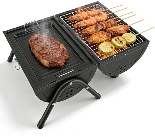 Yapasopu Parrilla portátil para camping, parrilla tipo barril para exteriores, ideal para la playa, caravanas, jardín y fiestas. Color negro, incluye 1 bandeja y 2 rejillas