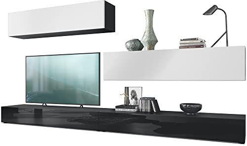 Vladon Wohnwand Nublo, Made in Germany, Anbauwand mit Rückwand mit 2 Klappen und 2 Sockelelementen, Korpus Schwarz matt, Fronten Schwarz Hochglanz und Weiß matt (280 x 147 x 39 cm)