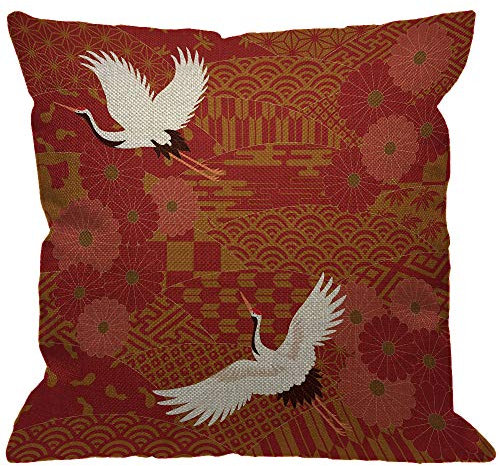 HGOD DESIGNS Japanischer Überwurf-Kissenbezug, asiatische orientalische zwei Kraniche und Chrysanthemen, japanisches Wellenmuster, dekorative Kissenbezüge, Leinen, quadratisch, Kissenbezüge für