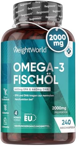 Oméga 3 Huile de Poisson Gélules 2000mg, 240 Gélules pour 4 Mois - avec EPA 660mg & DHA 440mg, Fish Oil Omega 3 sans Odeur, Selon l'EFSA, l'EPA et le DHA Contribuent au Fonctionnement Normal du Cœur