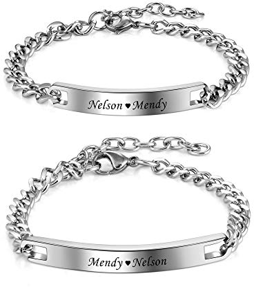 PiercingJak Partnerarmbänder mit Gravur Namen ID Armband Damen Herren Armkette Edelstahl Curb Kette Panzerkette Armbänder für 2 Paar Partner Pärchen, Silber