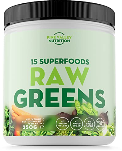 Raw Greens por Pine Valley Nutrition - 250g de Superalimentos y Verduras, Incluye Té Verde y Espirulina, Sin Aditivos, 50 Raciones