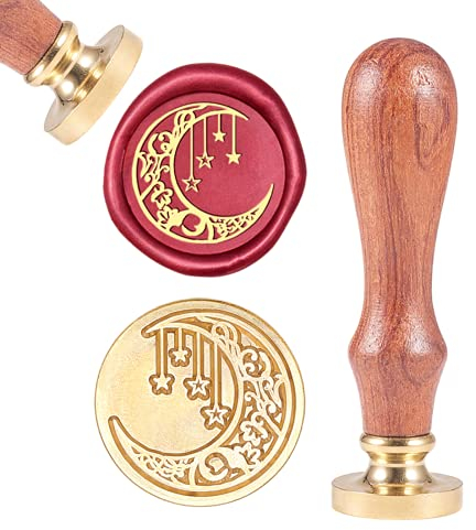 craspire Wachs-Siegel-Stempel, Siegelwachsstempel Mond Und Sterne Retro Holzstempel Wachssiegel 25 mm Abnehmbar Messingdichtung Holzgriff Für Umschläge Einladungen Hochzeit Verschönerung Flasche