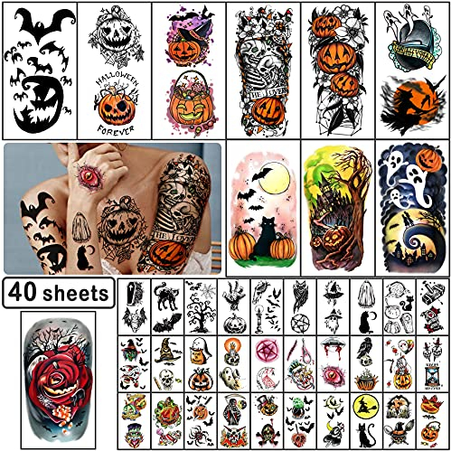 Yazhiji 40 Blatt Halloween Temporäre Tattoos Kürbis Hexe Zuckerschädel Tattoo Familie Set für Frauen Männer Jungen und Mädchen Halloween Zombie Make-up, Narbe Wasserdichte Tattoos für Partys