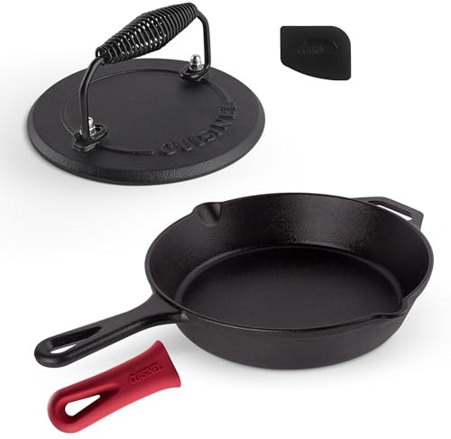 cuisinel Cast Iron Skillet + Grill Press + Scraper Set - 10-inch Pre-Seasoned Frying Pan + Silicone Handle Grip - 7 Round Burger Smasher - Indoor/Outdoor, Stove, Oven, Grill Safe Kitchen Cookware