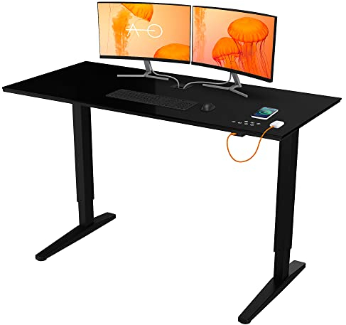 ATLASIO Höhenverstellbarer Schreibtisch 140x65 -Schreibtisch Höhenverstellbar Elektrisch mit Wireless Charger, Touch Pad, USB-A & USB-C - Stehschreibtisch mit Sitz-Steh Erinnerung & Speicherfunktion