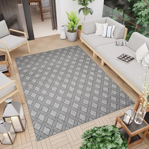 TAPISO Capri Teppich Outdoor Grau Flachgewebe Sisaloptik Modern Geometrisch Muster Balkon Terrasse Küche Indoor Wetterfest UV-Beständig 140 x 200 cm