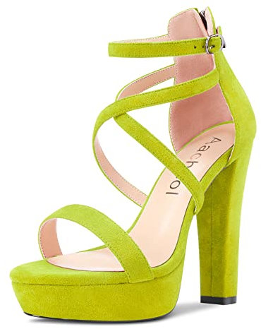 Aachcol Mujer Plataforma Sandalias Abierta Punta Correa Tobillo Chunky Ancho Alto High Heel Dress Zapatos Pumps de Boda Ante Verde Lima 13 CM 43 EU
