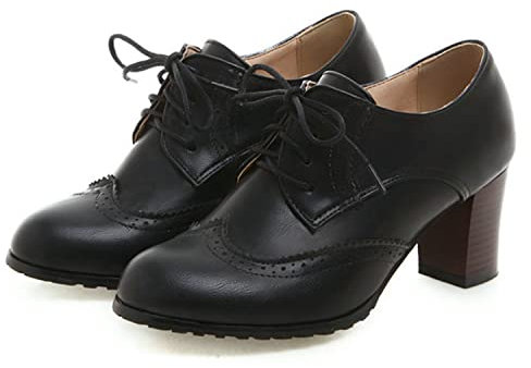 bbruriy Damen Vintage kleine Lederschuhe Lolita Schuhe Leder Classic Lace Up Chunky Mid Heel Round Toe Oxfords Dress Party Pump Schuhe,Schwarz,36