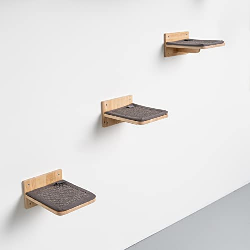 RHRQuality Katzen treppe Set Wand - XXL Kletterwand für große Katzen - Set mit 3 robusten Wandmontage Katzenstufen Wand - Sicheres und Komfortables Katzen zubehör. (Grau)