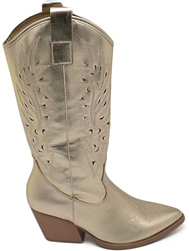 Malu Shoes Stivali donna camperos texani stile western forati estivi oro perlato tacco western 7 cm legno con zip laterale (41 EU)