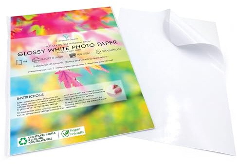 Evergreen Goods A4 Glänzendes Selbstklebendes Aufkleberpapier, 100 Blatt | Bedruckbar spritzwassergeschützt für Tintenstrahl- und Laserdrucker g/m² Produktetiketten Aufkleberherstellung DIY