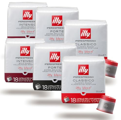 ILLY Sélection de 108 Capsules de café pour machines hyperexpresso | Assortiment de dégustation avec 2x Classique, 2x Intense, 2x Forte