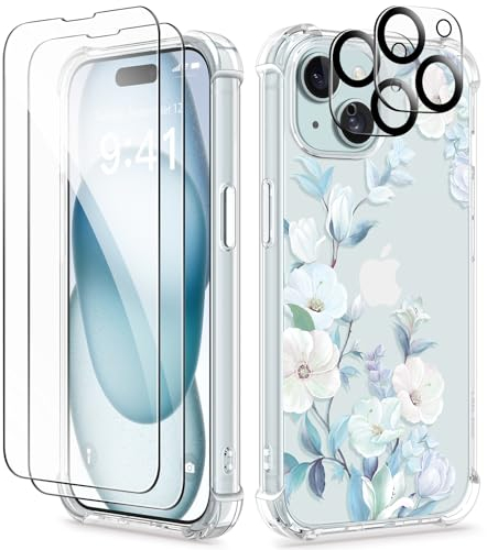 GVIEWIN Kompatibel mit iPhone 15 Hülle 6,1 2023, mit Displayschutzfolie + Kameraschutz, [Militärischer Schutz] Anti-Gelb Blume Klar TPU Dünn Stoßfest Kratzfest Handyhülle, Hibiskus