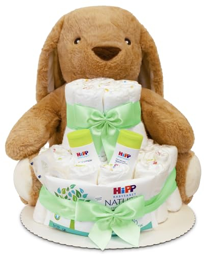 MilaBoo® Windeltorte grün mit kuscheligen großen Hasen I hochwertiges Neugeborenen Geschenk mit Windeln und Produkten I persönliches Babygeschenk zur Geburt