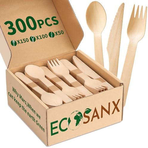 300 PCs Wooden Cutlery Set, 6.5 Splinter Free Disposable Cutlery for Parties, Biodegradable, Eco-Friendly, 150 Wooden Forks 100 Disposable Spoons & 50 Knives for Outdoor, Camping, Events & More