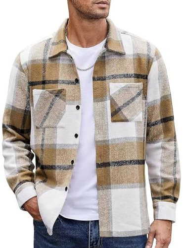 MakingDa Mens Flannel Shirt Long Sleeve Warm Thick Checked Shirt Button Down Casual Winter Plaid Shirts with Pockets Regular Fit Lapel Collar Check Shirt Jacket Smart Casual Work Shacket Khaki L