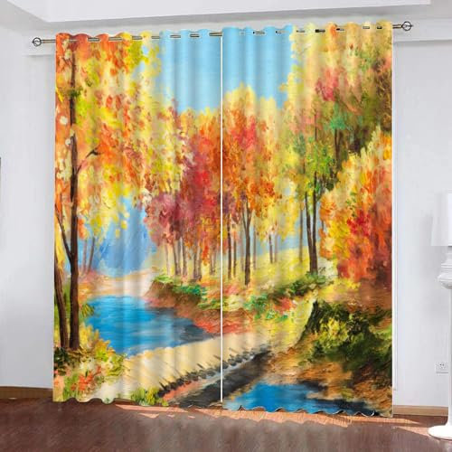 LUDSOL 3D Goldener Wald Muster Vorhänge Seebrücke 2er Set Verdunklungsvorhang 138×117cm(HxB) 2 Paneele Lärmschutz Thermogardine für Wohnzimmer Schlafzimmer Fensterdekoration