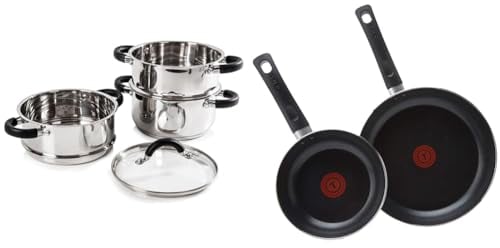 Tower T80836 Essentials Induction Steamer Pans 3 Tier with Glass Lid, Silicone Handles, 18 cm & Tefal Taste Twin Pack, Aluminium Frying Pans, Pan Set, Pans 20 cm and 28 cm Diameter, Black, Pack of 2